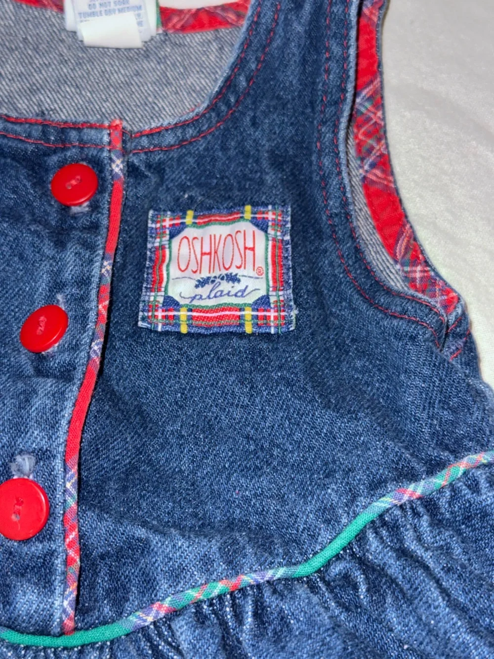 Vintage OshKosh B'gosh Dark Blue Denim Dress with Red Trim and Buttons